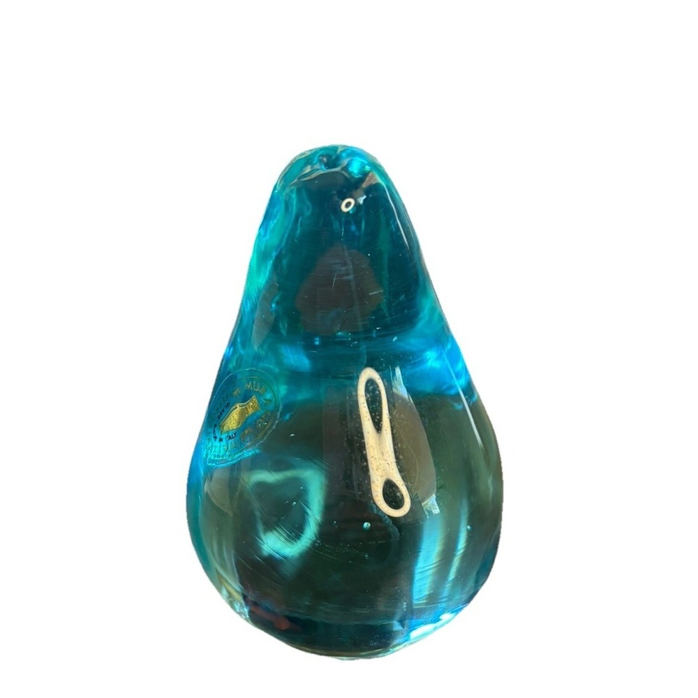 ITALIAN MURANO BLUE BLOWN ART GLASS PEAR FRUIT Original Murano Sticker